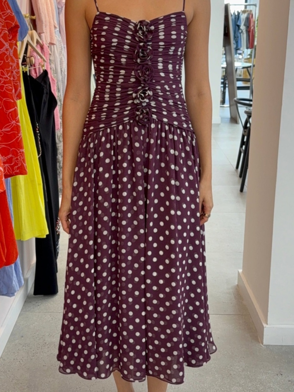 Camille Polka Dot Magda Dress ~ Deep Plum/Limestone